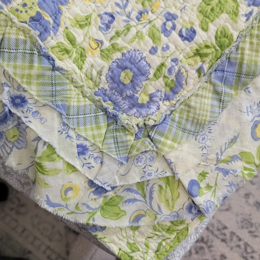 April Cornell Floral Quilt‎ Set 3 piece Blue Green Yellow Cotton Full/Queen